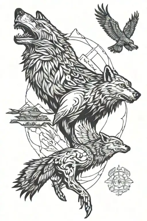 wolf, eagle, buck, Native American, wilderness  tattoo design idea
