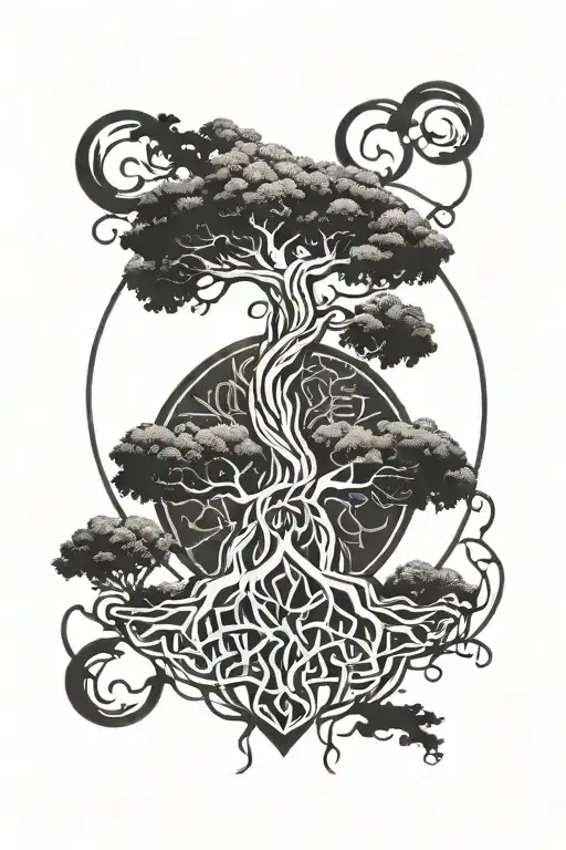 A minimalist blackwork tattoo of Yggdrasil, the World Tree, intertwined with Viking runes representing strength and protection tattoo design idea