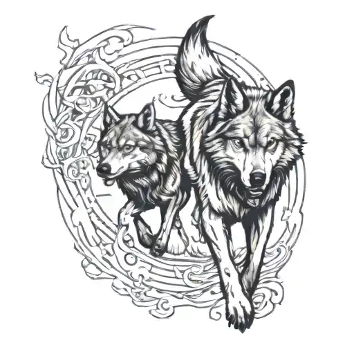 Two wolves running, one big, one small tattoo design idea