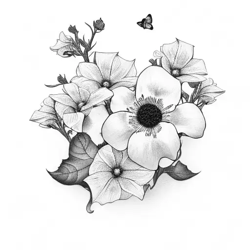 A memorial portrait of a loved one surrounded by morning glory flowers tattoo design idea