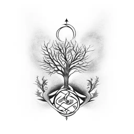 un tatouage en noir et blanc avec un arbre de vie, un attrappe rêve, le signe infini et le mot Papa tattoo design idea