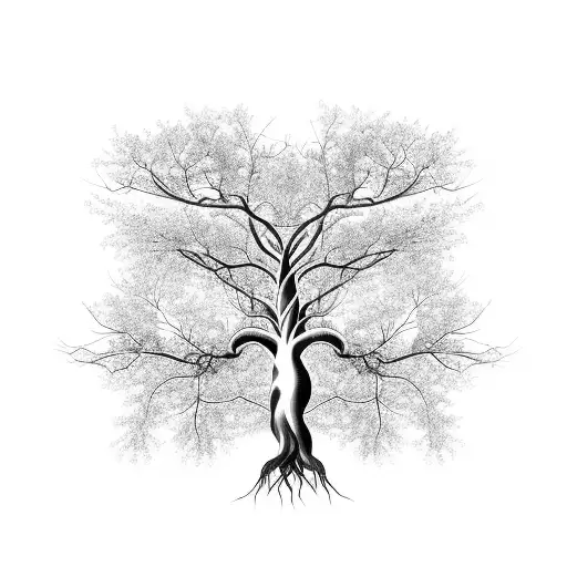 Whimsical tree of life with intricate roots and branches intertwined with different plant species tattoo design idea