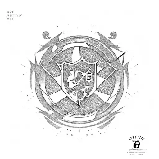 A dynamic composition featuring the iconic Borussia Dortmund logo combined with elements from League of Legends, in a dotwork style tattoo design idea