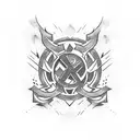 A dynamic composition featuring the iconic Borussia Dortmund logo combined with elements from League of Legends, in a dotwork style tattoo design idea