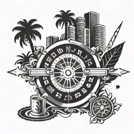 Incorporate iconic GTA 5 Casino imagery, such as the Lucky Wheel or the Diamond Casino & Resort logo, into a dynamic and detailed tattoo design tattoo design idea
