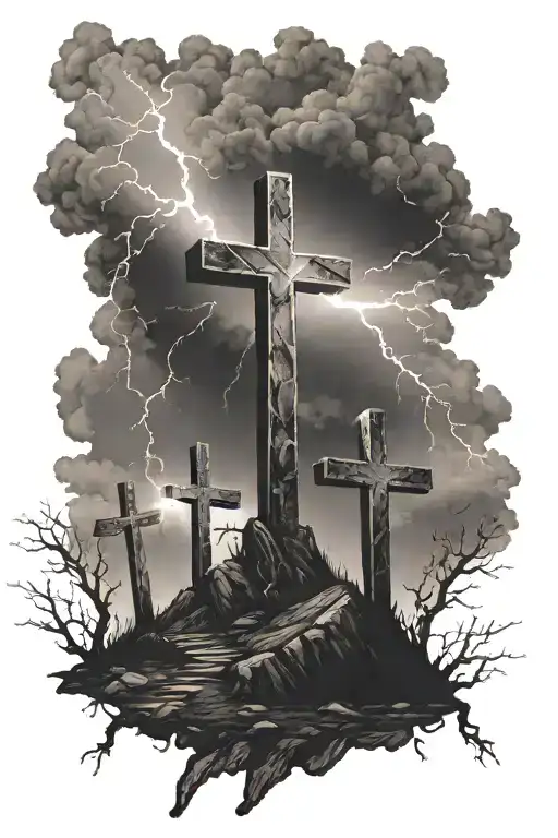 3 crosses on a hill with lightning bolts tattoo design idea