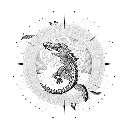 An alligator wearing a traditional Japanese kimono, surrounded by sun rays and waves tattoo design idea