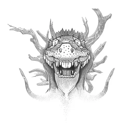 A mystical forest filled with video game references like power-ups and coins, with a hidden alligator guardian tattoo design idea