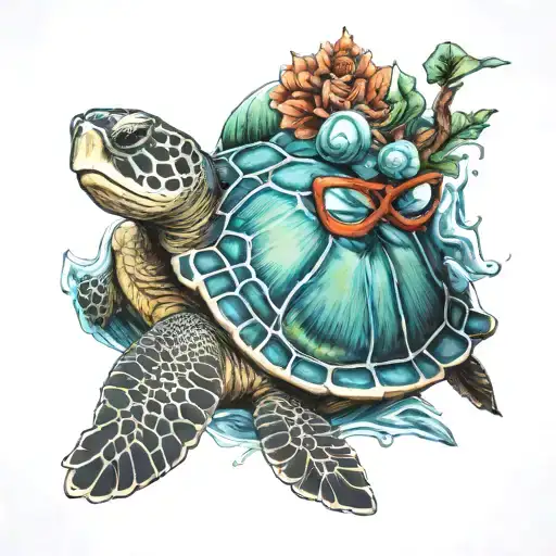 sea turtle, drama mask, serenity  tattoo design idea