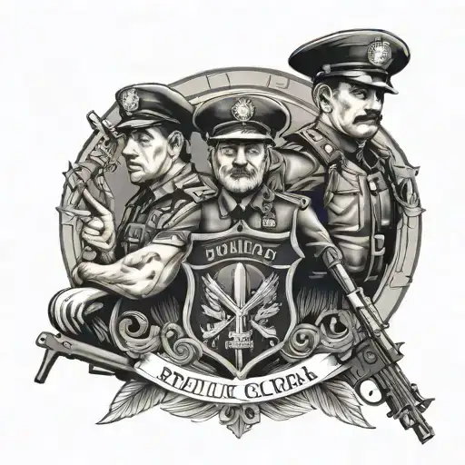 policia con alas, hijo, armas y angeles tattoo design idea