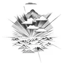 Mountain range with sun and clouds tattoo design idea