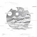 Mountain range with sun and clouds tattoo design idea