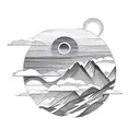 Mountain range with sun and clouds tattoo design idea