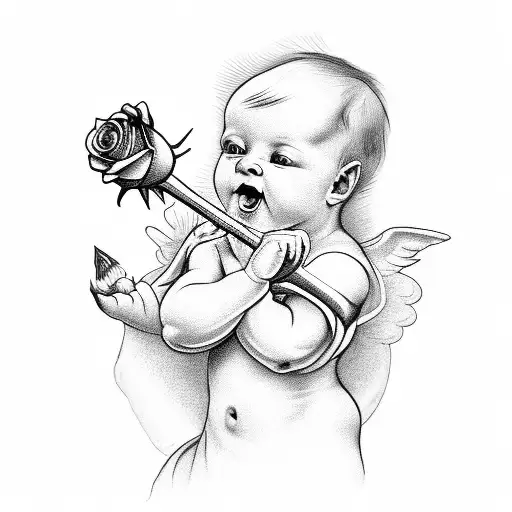 baby Cupid firing a rose tattoo design idea