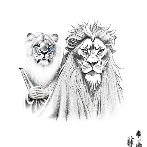 Gandalf and a lion standing side by side tattoo design idea