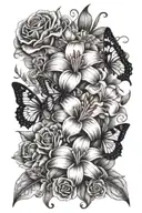 floral with stargazer Lily, daisy, rose, butterfly, hummingbird, and ranunculas tattoo design idea
