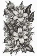 floral with stargazer Lily, daisy, rose, butterfly, hummingbird, and ranunculas tattoo design idea