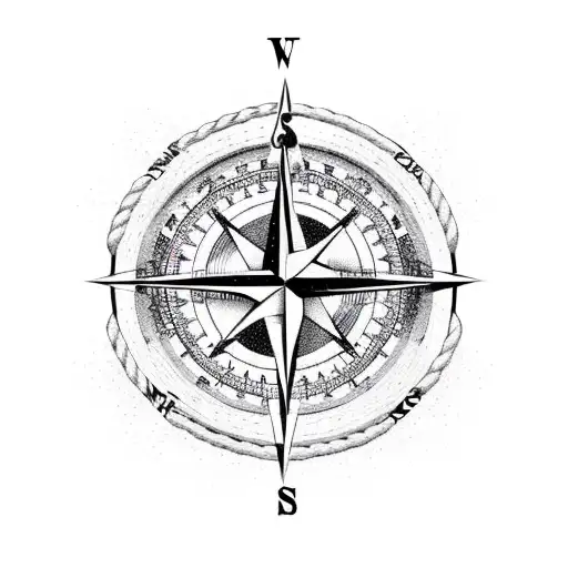 compass with a skull and some rope tattoo design idea