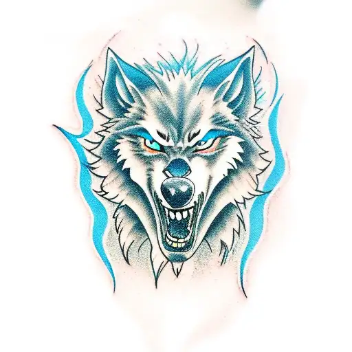 werewolf with blue and orange fire tattoo design idea