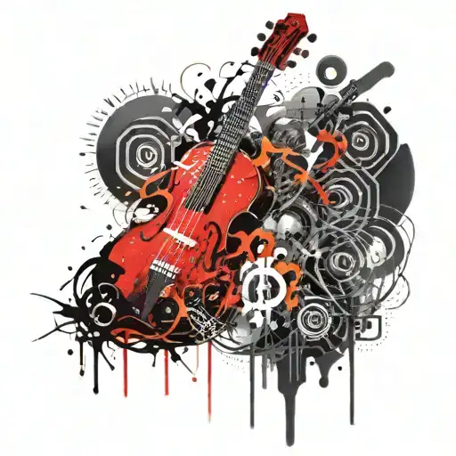 Concept: Realistic musical instruments, such as a guitar or violin, overlaid with abstract musical notes and splashes. D tattoo design idea