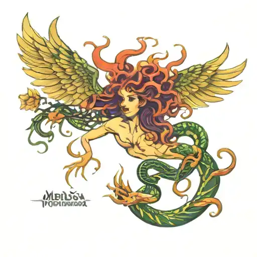 Medusa, snakes, phoenix, artsy elements like trees tattoo design idea