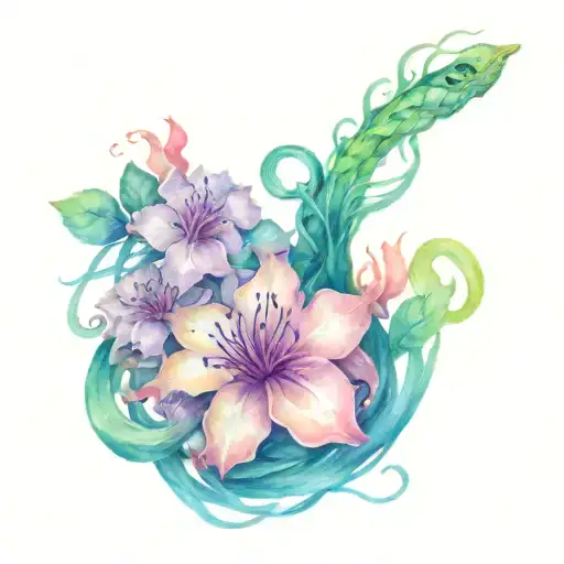 Medusa, snakes, phoenix, artsy flowers coming tattoo design idea