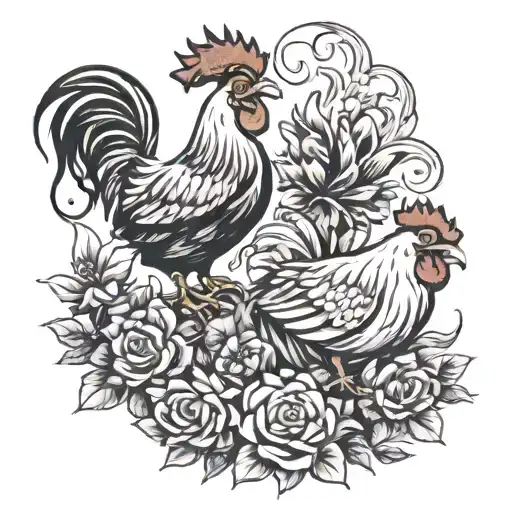 back and white pig and rooster  tattoo design idea