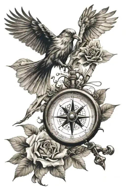 compass dagger bird flying tattoo design idea