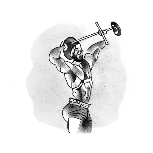 A tattoo design representing the balance between training and music, with a sketch style showcasing a person lifting weights while wearing headphones. tattoo design idea