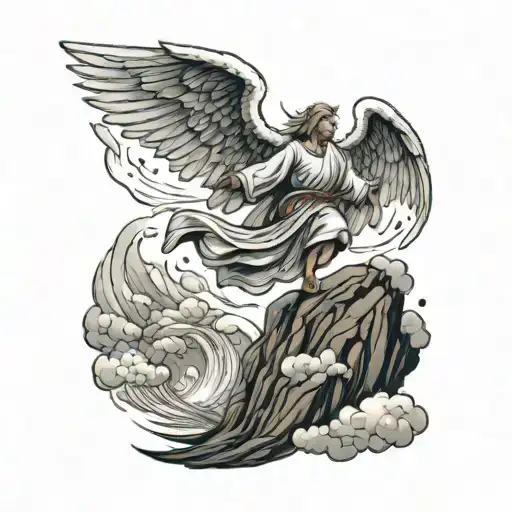 tattoo of an angel ascending a mountain in a storm tattoo design idea