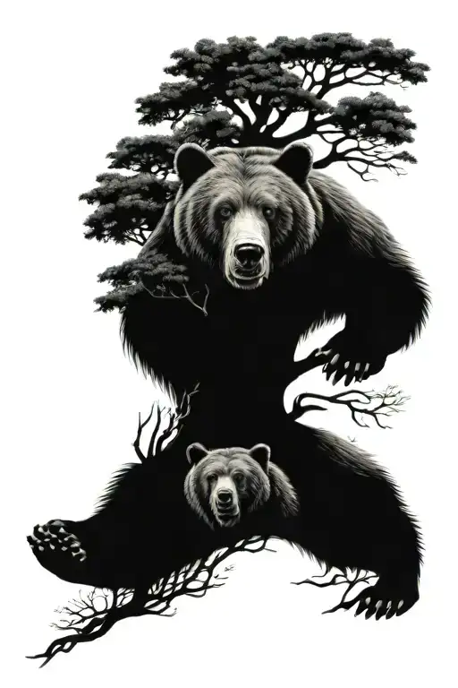 bear in the woods with blue eyes and tree of life intertwined tattoo design idea
