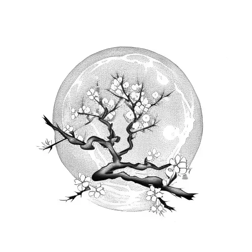 cherry blossom tree japanese full moon wolf  tattoo design idea