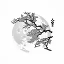 cherry blossom tree japanese full moon wolf  tattoo design idea