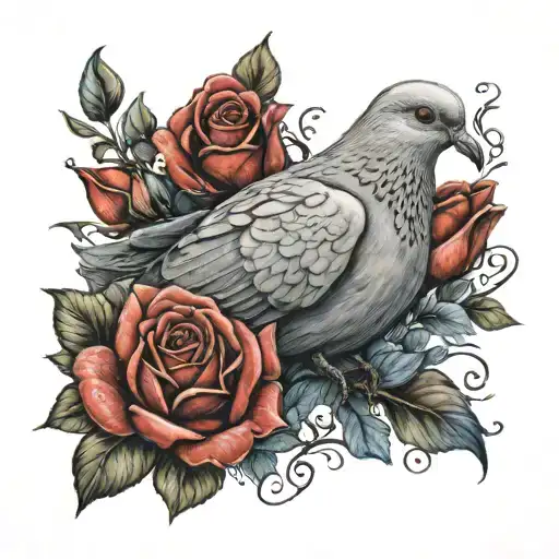 A realistic portrayal of a dove with intricate details on the feathers and a red and blue rose in its beak tattoo design idea