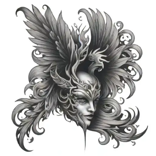 Phoenix and dramatic theater masks tattoo design idea