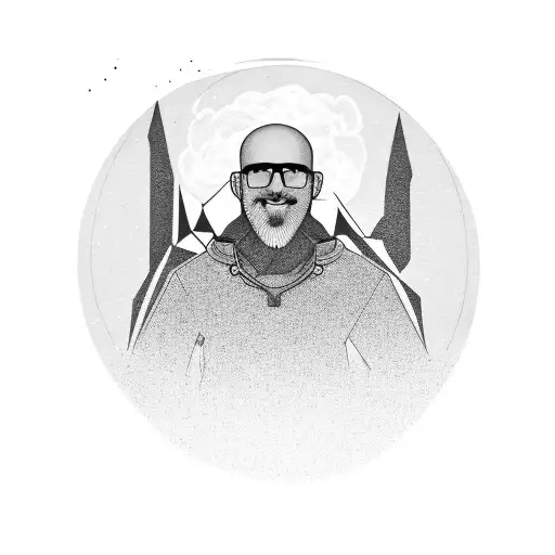 a bald guy with a beard, wearing shorts and a backpack, walking. planet earth in the background.  tattoo design idea