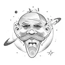 a bald guy with a beard, wearing shorts and a backpack, walking. planet earth in the background.  tattoo design idea