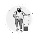 a bald guy with a beard, wearing shorts and a backpack, walking. planet earth in the background.  tattoo design idea
