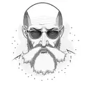 a bald guy with a beard, wearing shorts and a backpack, walking. planet earth in the background.  tattoo design idea