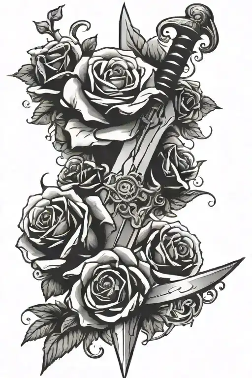 sword, alchemy creation background, blade wrapped in roses tattoo design idea