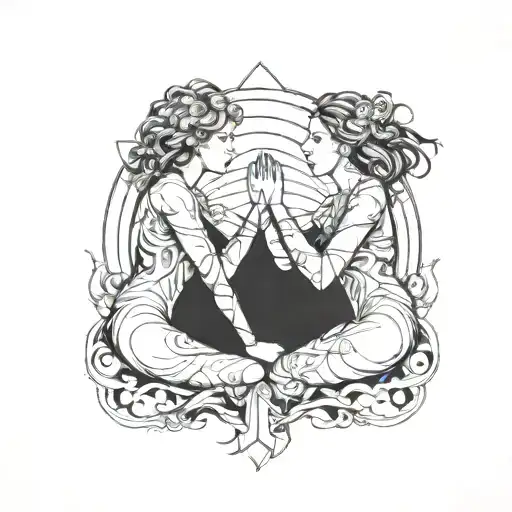 A unique design of the Gemini twins holding hands with cairns in the background, symbolizing the interconnectedness of Natasha's passions and interests tattoo design idea