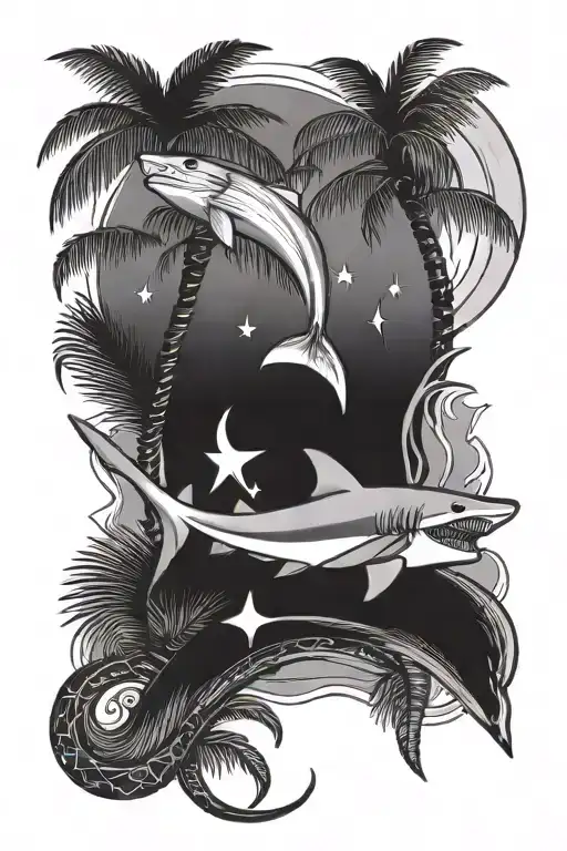 Hammer head shark and a palm tree and waxing crescent moon tattoo design idea