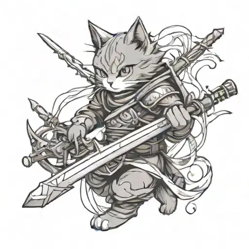 An anime-inspired cat warrior wielding a music note sword tattoo design idea