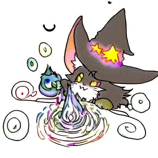 Fluffy black cat wearing witches hat. Potions in front of him. Magic swirls around tattoo design idea