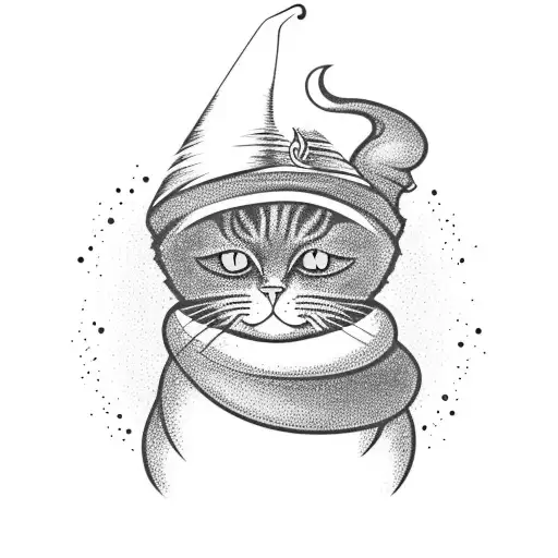Fluffy black cat wearing a witches hat. Potions in front of him. Magic swirls around. tattoo design idea