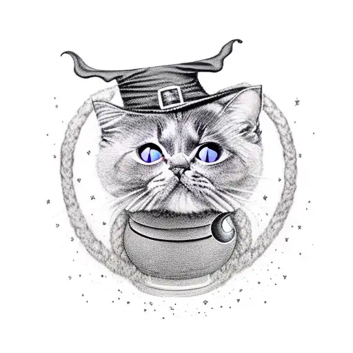 Fluffy black cat wearing a witches hat. Potions in front of him. Magic swirls around. tattoo design idea