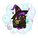 Fluffy black cat wearing witches hat. Potions in front of him. Magic swirls around tattoo design idea
