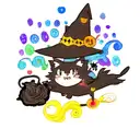 Fluffy black cat wearing witches hat. Potions in front of him. Magic swirls around tattoo design idea