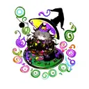 Fluffy black cat wearing witches hat. Potions in front of him. Magic swirls around tattoo design idea