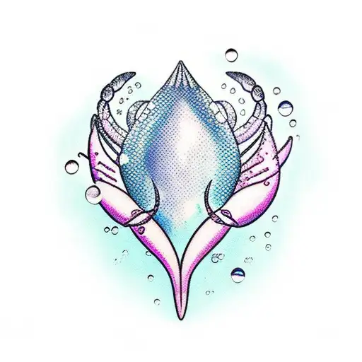 A mermaid tail with water bubbles around along with a shell, crab and a hand mirror tattoo design idea